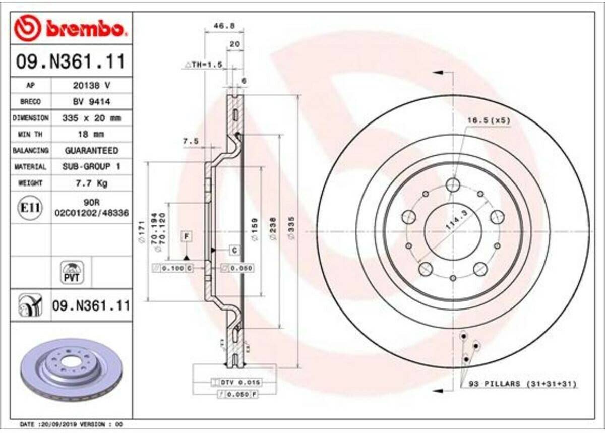 Brembo Bremsscheibe COATED DISC LINE innenbelüftet hinten Rechts Links für TESLA Model 3 EV Allrad (09.N361.11) Auto-Bremsanlagen